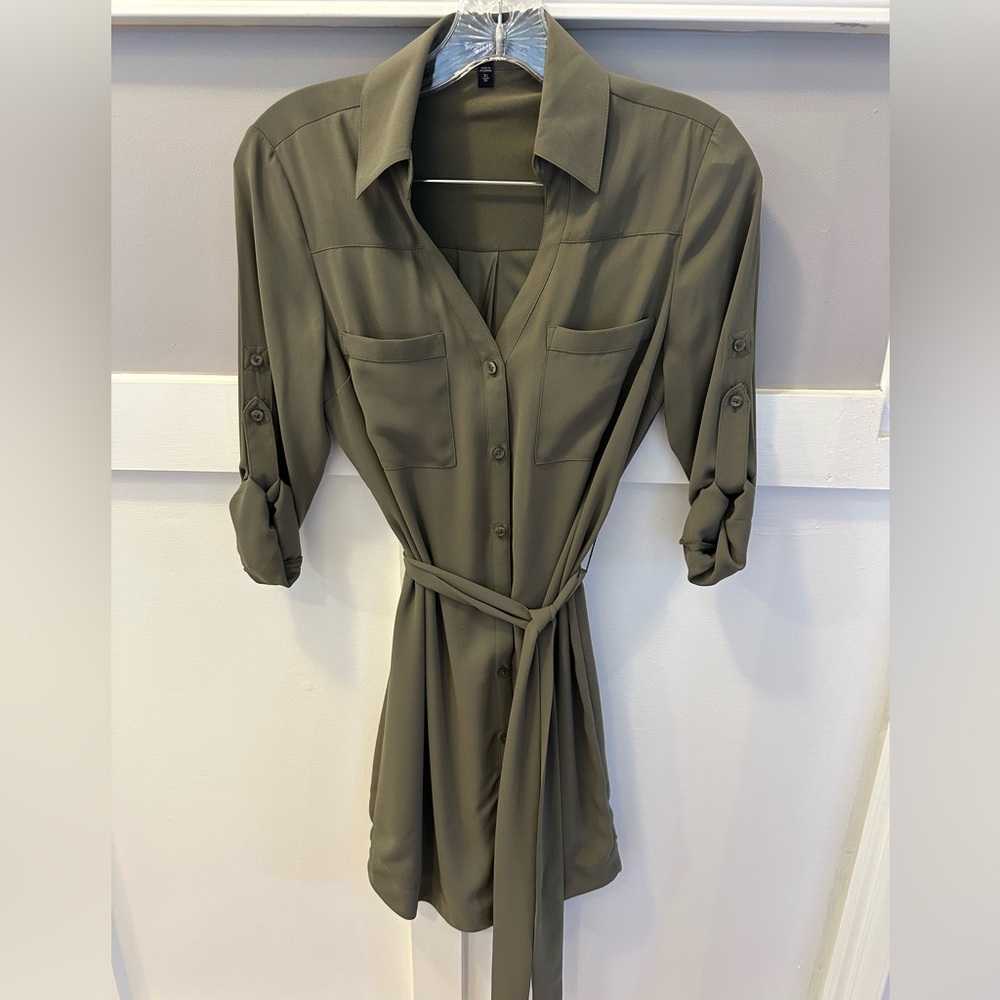 Express Olive Green Button-Up Dress with Belt XS